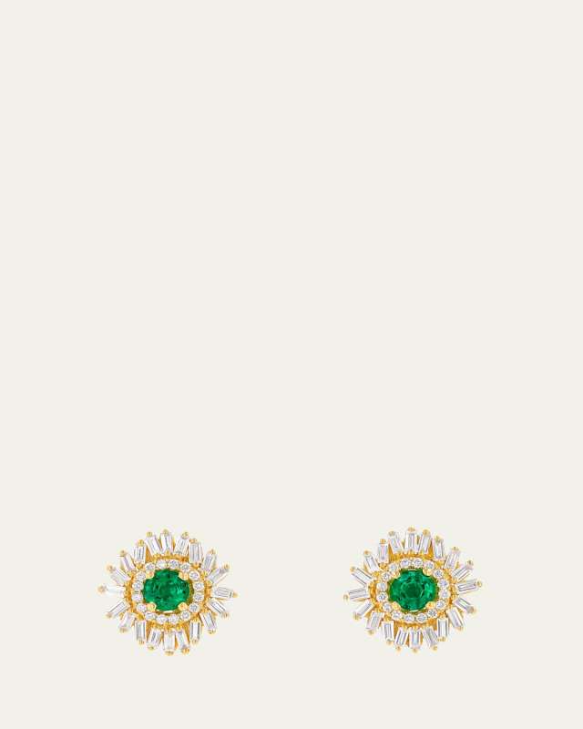 18K Yellow Gold One Of A Kind Earrings with Emeralds and White Diamonds